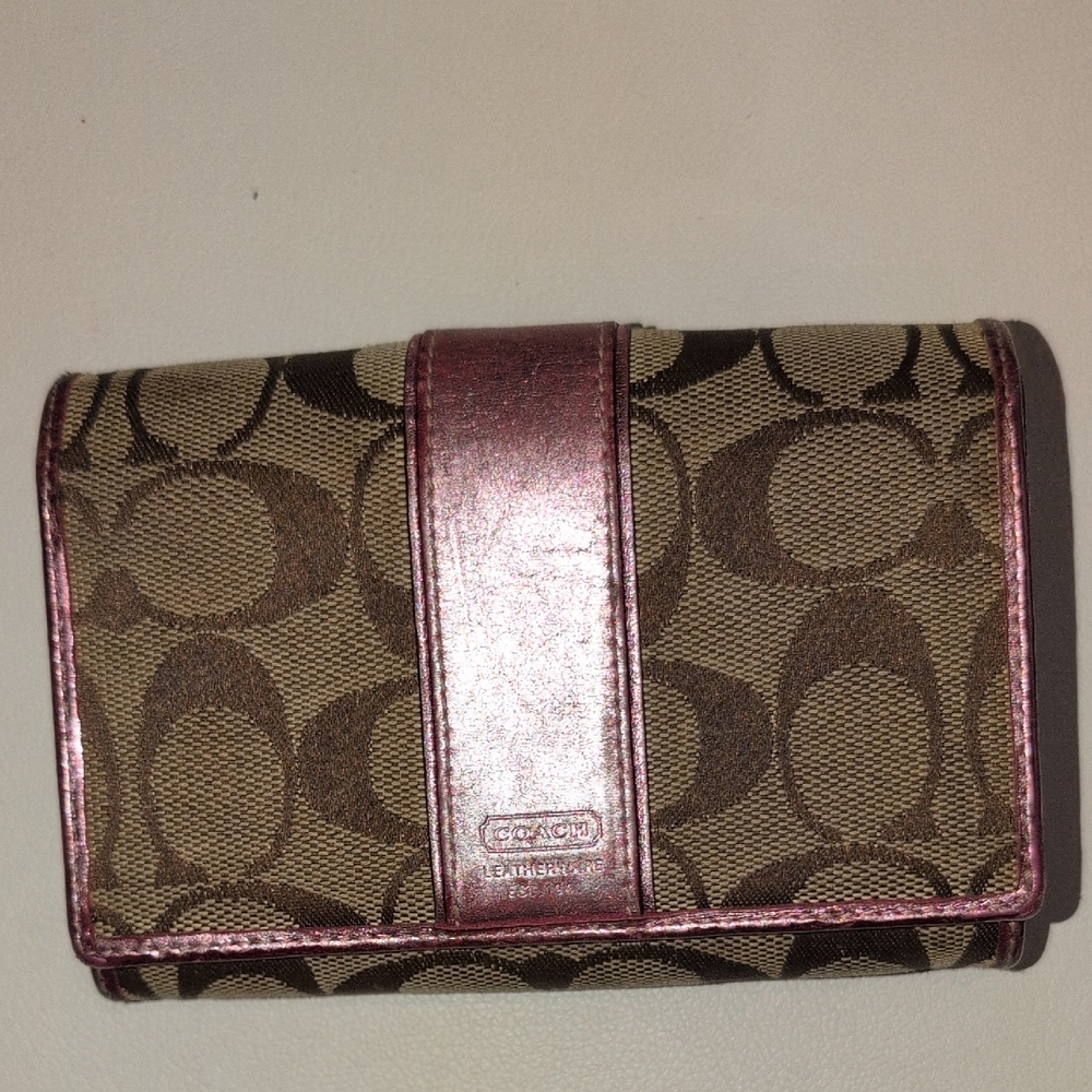 Coach Signature Brown and hand painted Metallic Pink Trim  Wallet